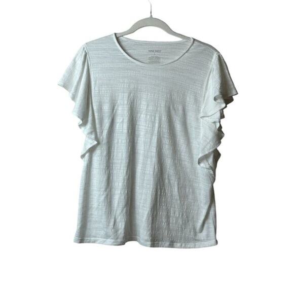 Nine West Ruffle Sleeve Pullover Sheer Blouse Scoop Neck Textured L White #8021 - Picture 1 of 6
